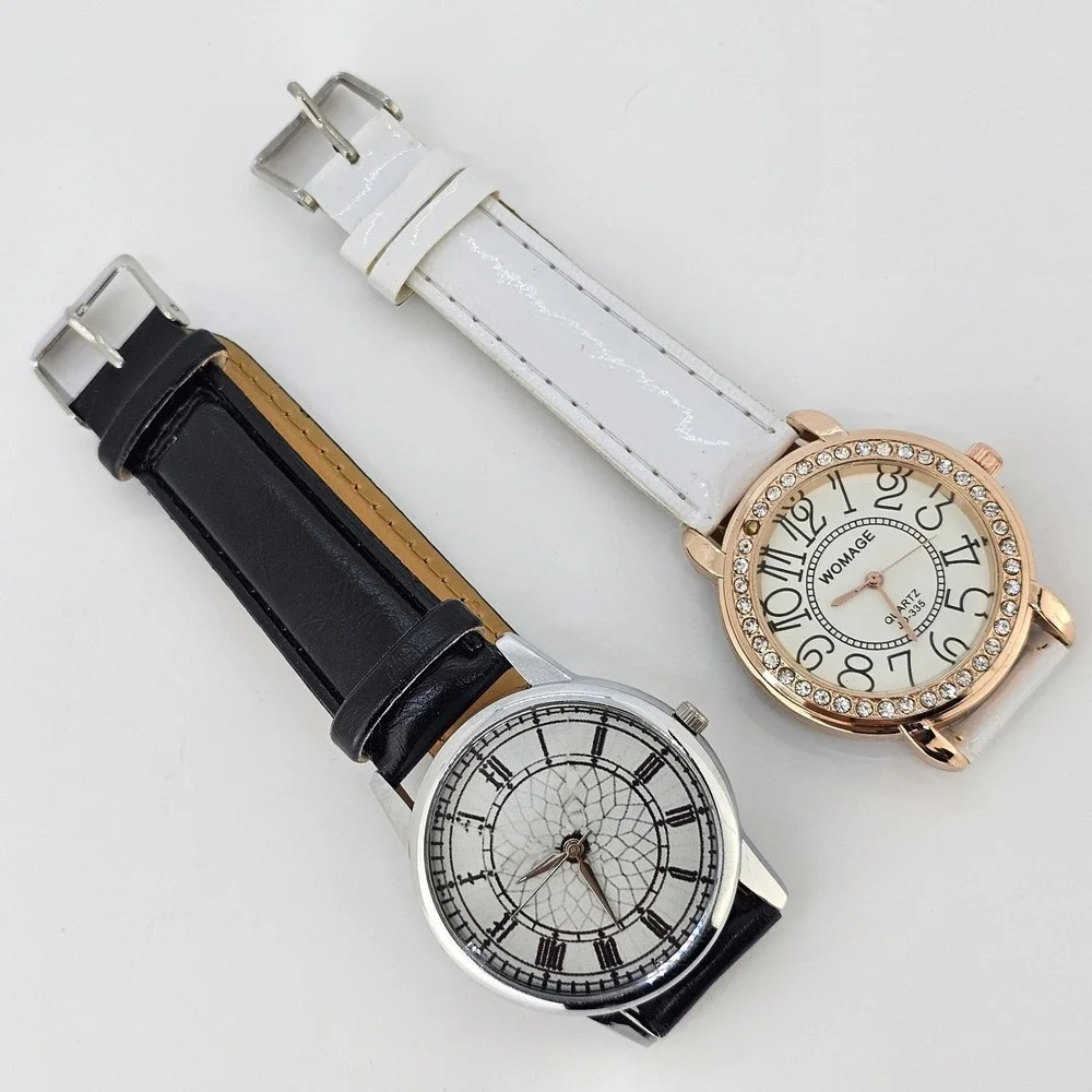2X Women's Watch 38MM Gray Cream Dial Black White Faux Leather Bands NEW Battery